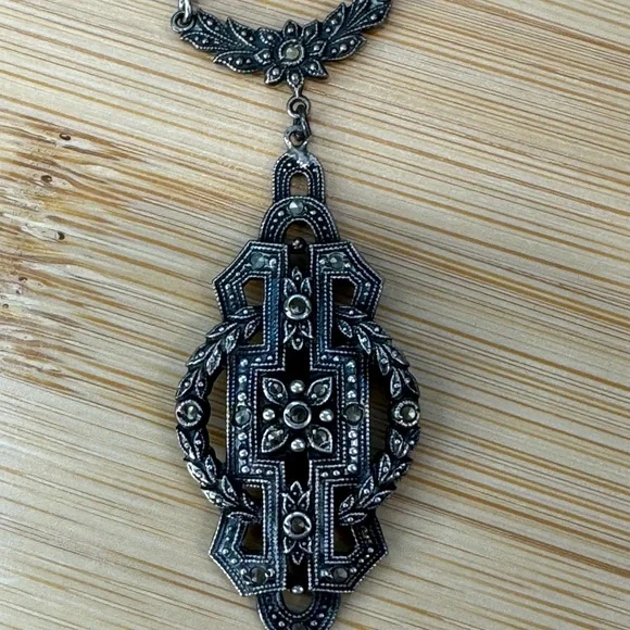 Antique Art Deco Sterling Silver Marcasite Pendant Necklace